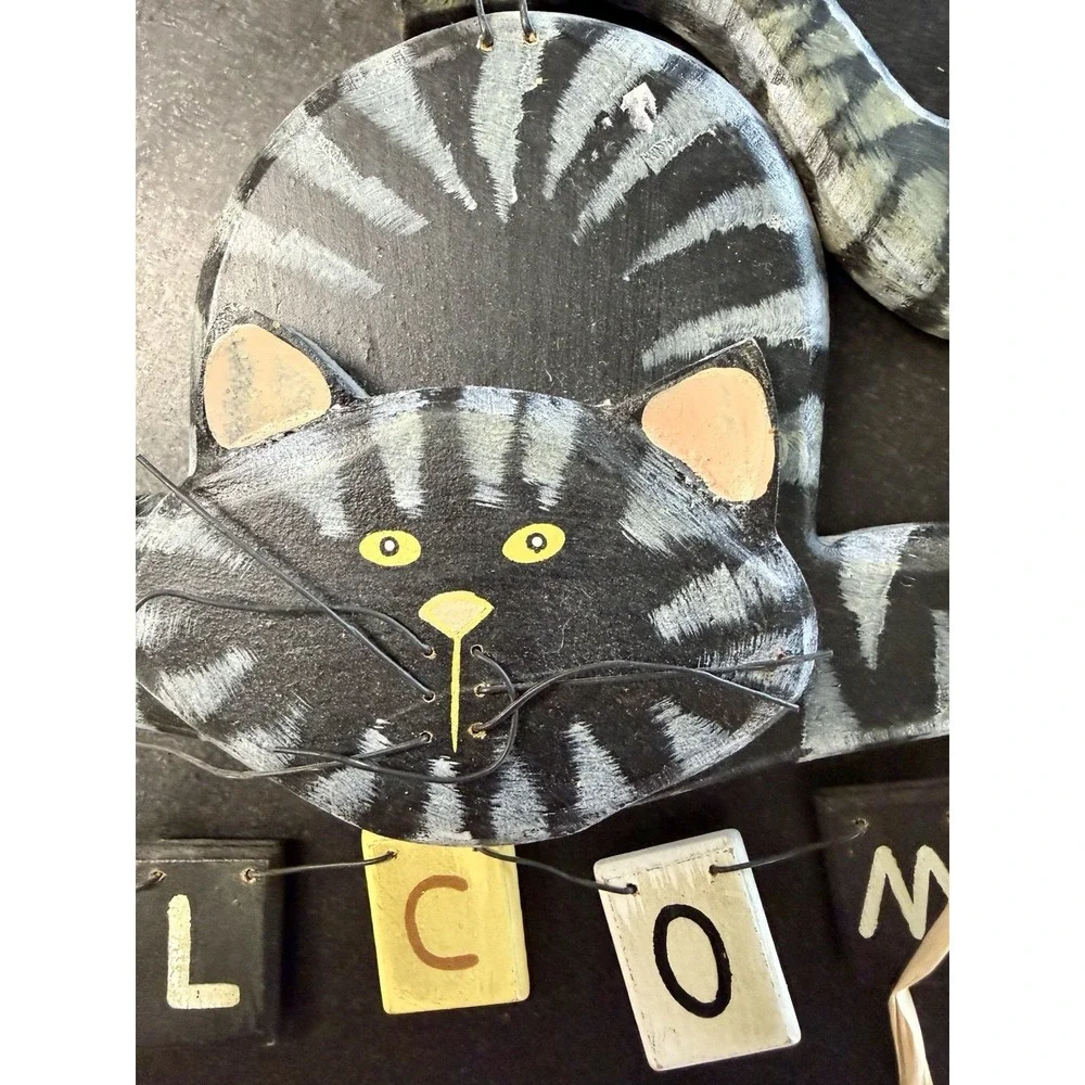 Handmade Black Cat Wall Hanging & Cat Mug Pottery Halloween Folk Art Set